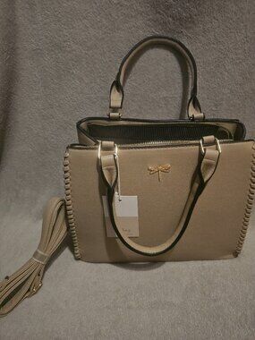 Beige Leatherette Dragonfly Satchel Handbag